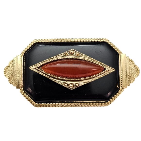 1928 Jewelry - 1928 Brand Art Deco Style Oval Cornelian Glass Bar Brooch Black Lucite Pin C867